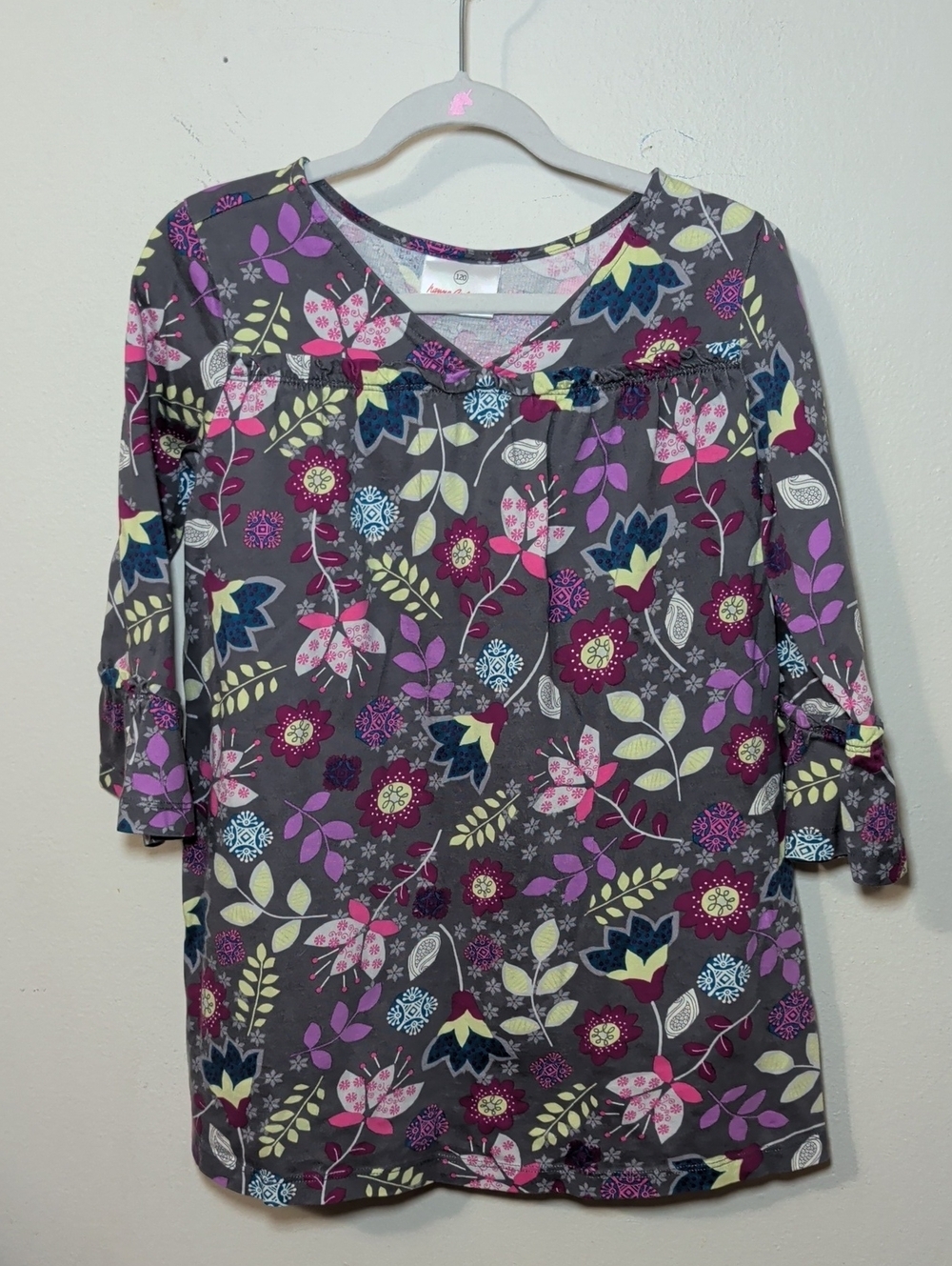 Hanna Andersson Floral Dress Gray Pink Green Blue 100% Cotton Girls Size 120 6